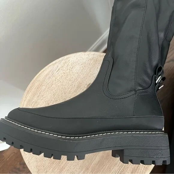 Sam Edelman Lerue Over The Knee Stretch Side Zip Lug Combat Boots Black NWOB