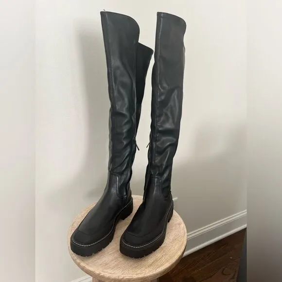 Sam Edelman Lerue Over The Knee Stretch Side Zip Lug Combat Boots Black NWOB