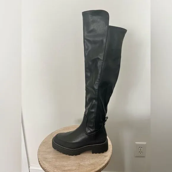 Sam Edelman Lerue Over The Knee Stretch Side Zip Lug Combat Boots Black NWOB