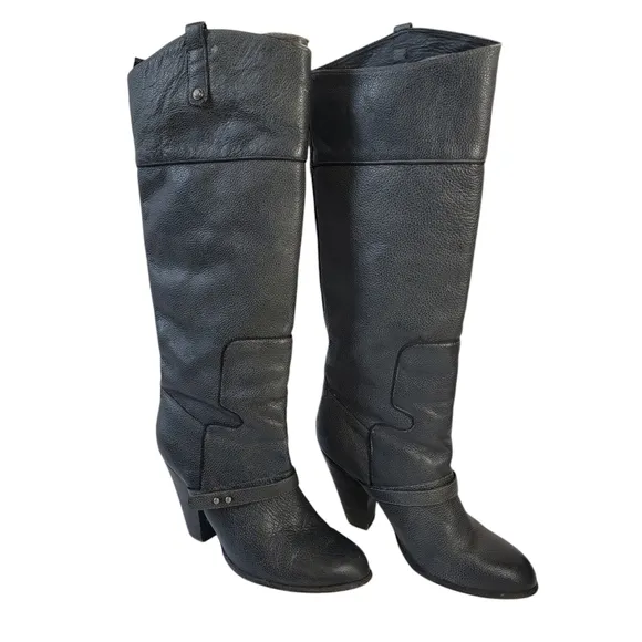 Sam Edelman NAHARRA Black Riding Boots Womens Sz 10M Leather Chunky Block Heel