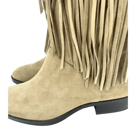 Sam Edelman Pendra Fringe Kid Suede Beige Leather Riding Boots New 5.5