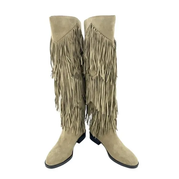Sam Edelman Pendra Fringe Kid Suede Beige Leather Riding Boots New 5.5