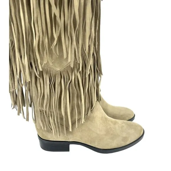 Sam Edelman Pendra Fringe Kid Suede Beige Leather Riding Boots New 5.5