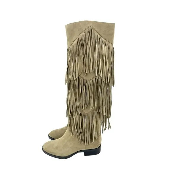 Sam Edelman Pendra Fringe Kid Suede Beige Leather Riding Boots New 5.5