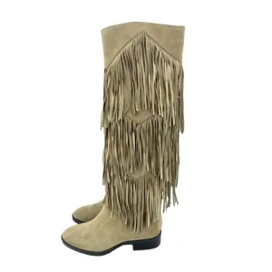 Sam Edelman Pendra Fringe Kid Suede Beige Leather Riding Boots New 5.5