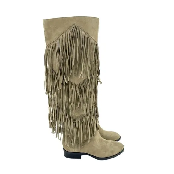 Sam Edelman Pendra Fringe Kid Suede Beige Leather Riding Boots New 5.5