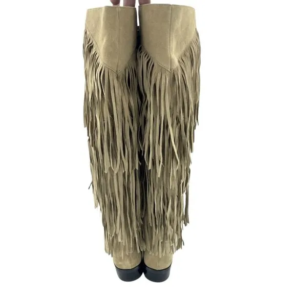 Sam Edelman Pendra Fringe Kid Suede Beige Leather Riding Boots New 5.5