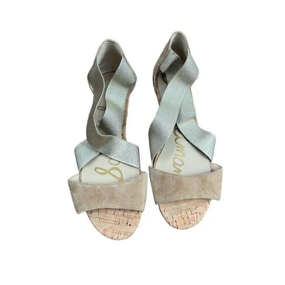Sam Edelman Women's Sandals Declan Beige Gold Low Wedge Strappy