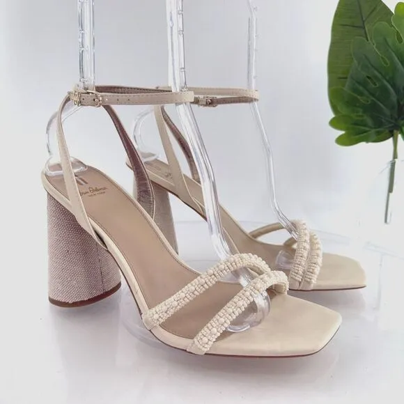 Sam Edelman Women Kia Beads Sandals Block Heel Strappy Square Toe Sz 10.5 Ivory
