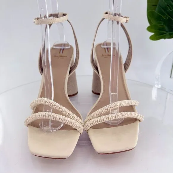 Sam Edelman Women Kia Beads Sandals Block Heel Strappy Square Toe Sz 10.5 Ivory