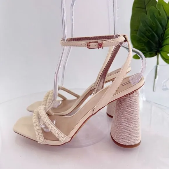Sam Edelman Women Kia Beads Sandals Block Heel Strappy Square Toe Sz 10.5 Ivory