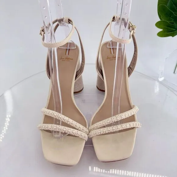 Sam Edelman Women Kia Beads Sandals Block Heel Strappy Square Toe Sz 10.5 Ivory