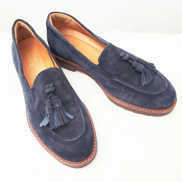 Samuel Hubbard Womens Suede Leather Navy Loafers Shoes Tassels