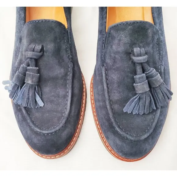 Samuel Hubbard Womens Suede Leather Navy Loafers Shoes Tassels