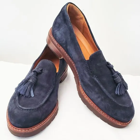 Samuel Hubbard Womens Suede Leather Navy Loafers Shoes Tassels