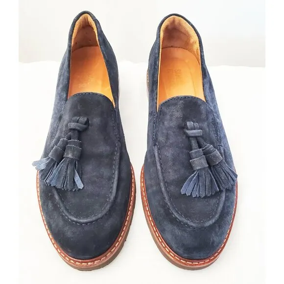 Samuel Hubbard Womens Suede Leather Navy Loafers Shoes Tassels