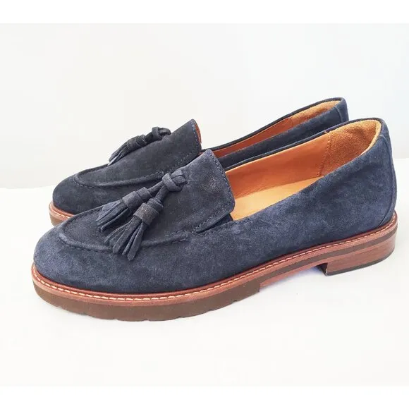 Samuel Hubbard Womens Suede Leather Navy Loafers Shoes Tassels