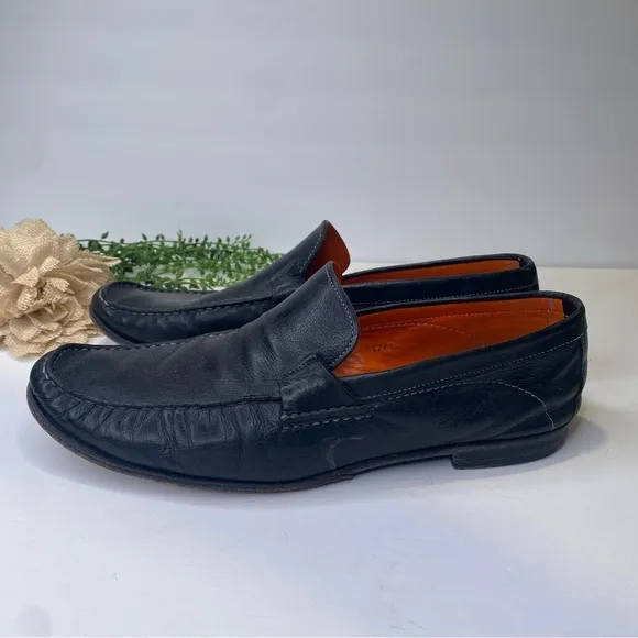 Santoni Black Leather Slip On Loafers Made in Italy Size 12D