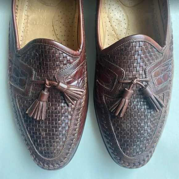 Santoni Men’s Italian Woven Leather Tassel Loafers Size 10.5 Made in Italy