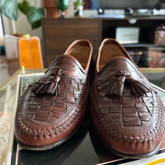 Santoni Saddle Brown Handmade in Italy Woven Loafers Size 9.5