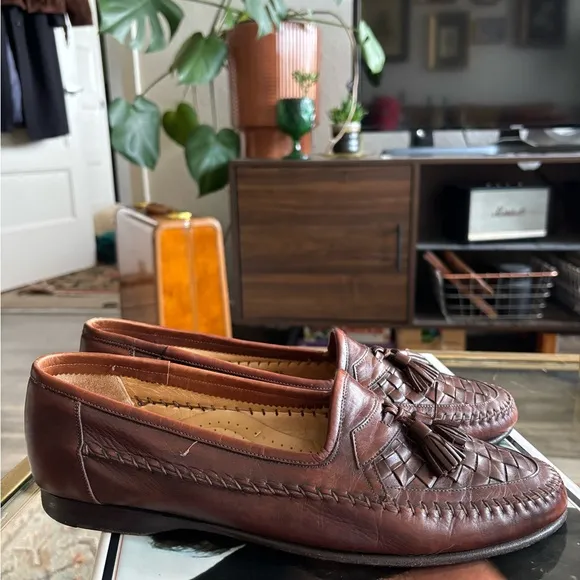 Santoni Saddle Brown Handmade in Italy Woven Loafers Size 9.5