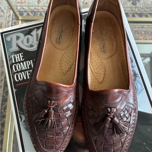 Santoni Saddle Brown Handmade in Italy Woven Loafers Size 9.5