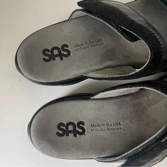 SAS Nudu Slide Leather Sandals Womens Size 9 Narrow Shoes Two Tone Black Glitter