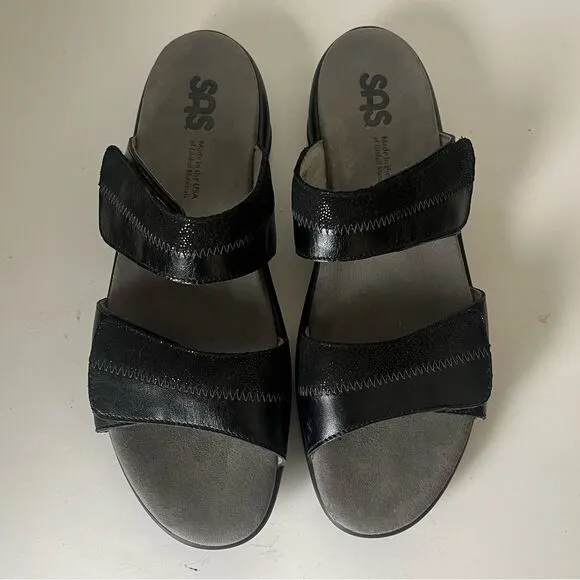 SAS Nudu Slide Leather Sandals Womens Size 9 Narrow Shoes Two Tone Black Glitter
