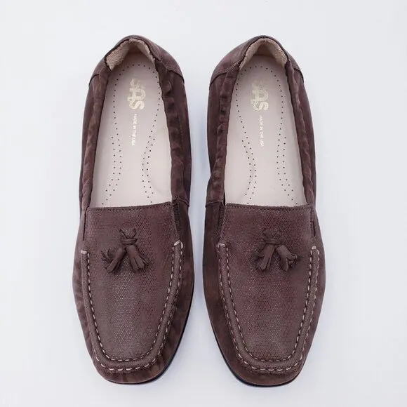 SAS Womens 9.5 Hope Brown Turf Slip On Comfort Loafers Leather Tassel Square Toe