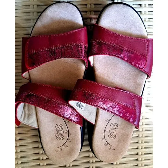 SAS Women's 9W Nudu Slide Ruby Leather Sandals Hook &amp; Loop Closure