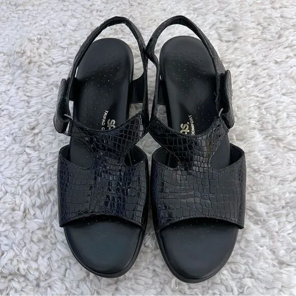 SAS Suntimer Sandals Womens Size 9 M Black Croc Leather Tripad Comfort Shoe USA