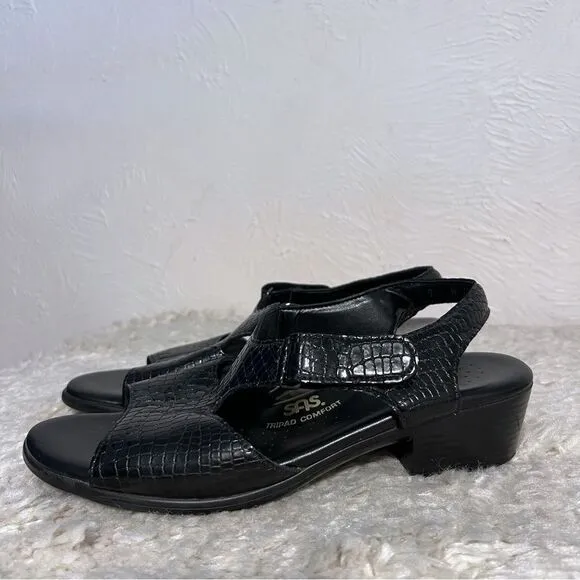 SAS Suntimer Sandals Womens Size 9 M Black Croc Leather Tripad Comfort Shoe USA