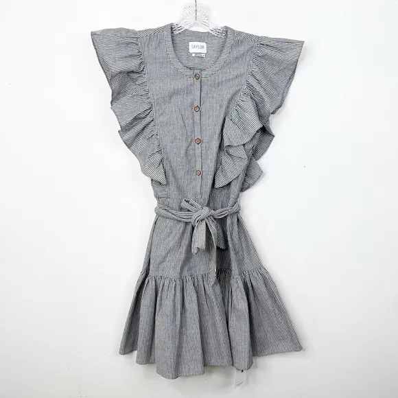 SAYLOR | Melody Ruffle Striped Belted Black and White Mini Dress Sz. Medium