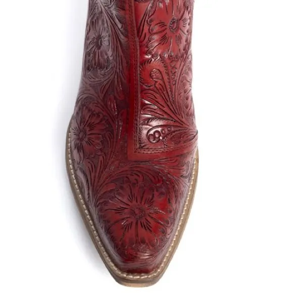 🌶️Scarlet Hand Tooled Genuine Leather Women Bootie Boot Boho Western Shoe Red