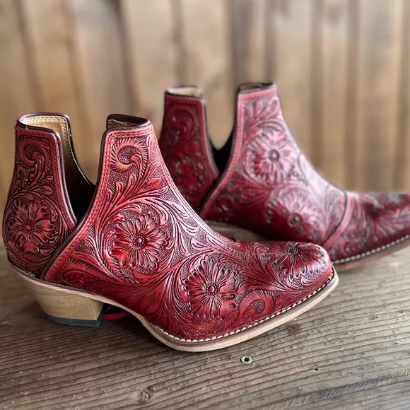 🌶️Scarlet Hand Tooled Genuine Leather Women Bootie Boot Boho Western Shoe Red