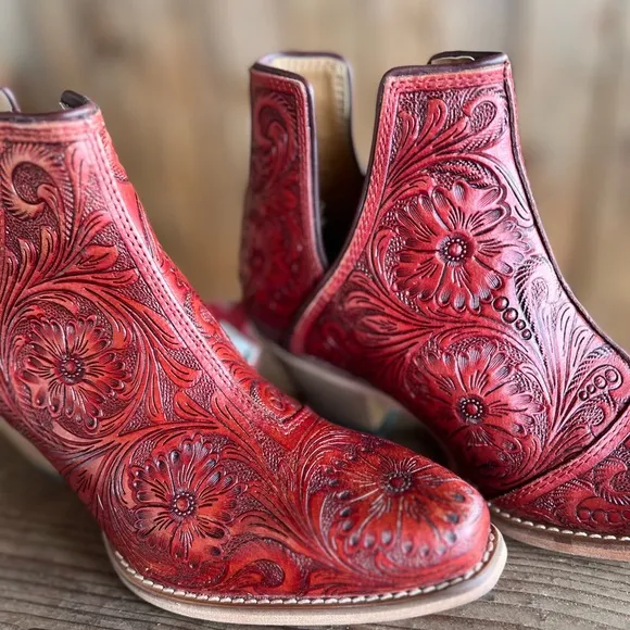 🌶️Scarlet Hand Tooled Genuine Leather Women Bootie Boot Boho Western Shoe Red