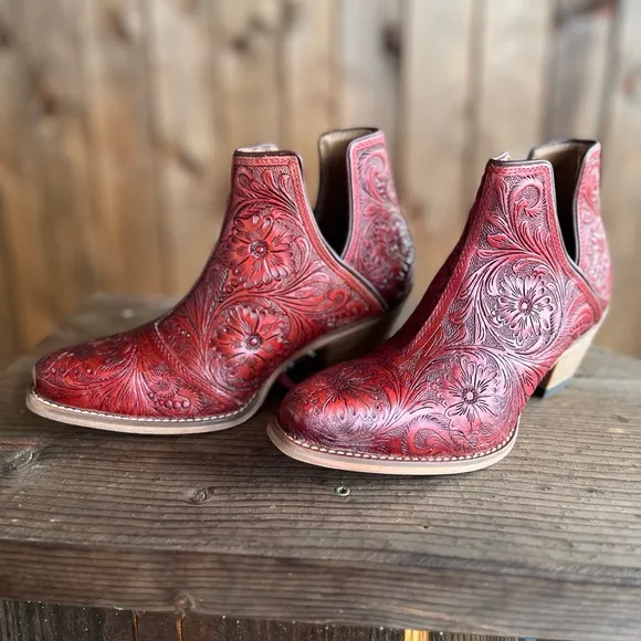 🌶️Scarlet Hand Tooled Genuine Leather Women Bootie Boot Boho Western Shoe Red