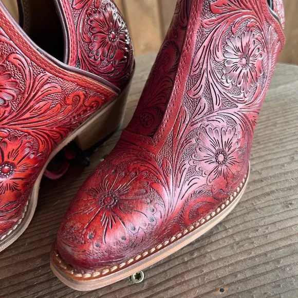 🌶️Scarlet Hand Tooled Genuine Leather Women Bootie Boot Boho Western Shoe Red