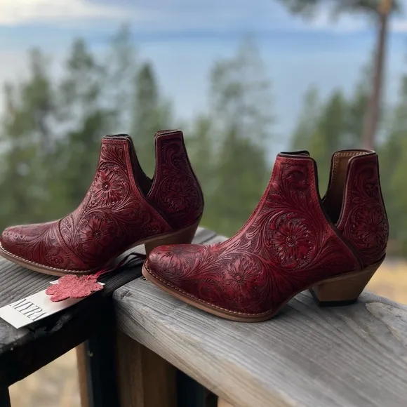🌶️Scarlet Hand Tooled Genuine Leather Women Bootie Boot Boho Western Shoe Red