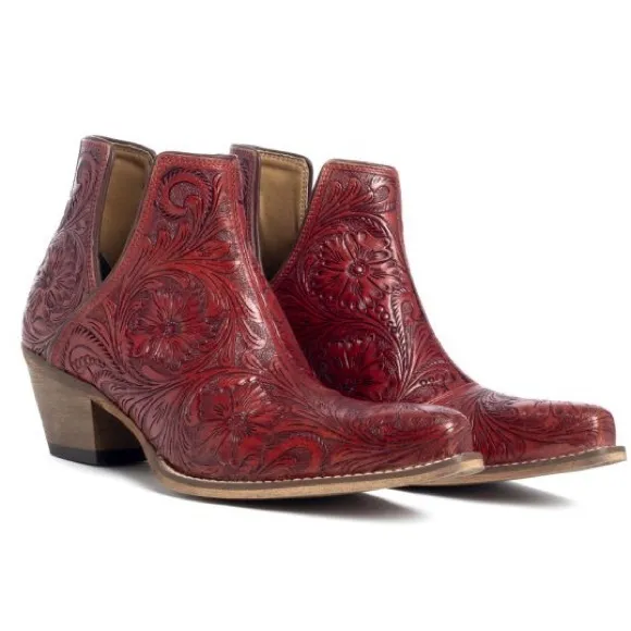 🌶️Scarlet Hand Tooled Genuine Leather Women Bootie Boot Boho Western Shoe Red