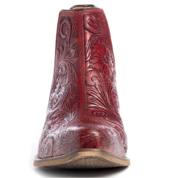 🌶️Scarlet Hand Tooled Genuine Leather Women Bootie Boot Boho Western Shoe Red