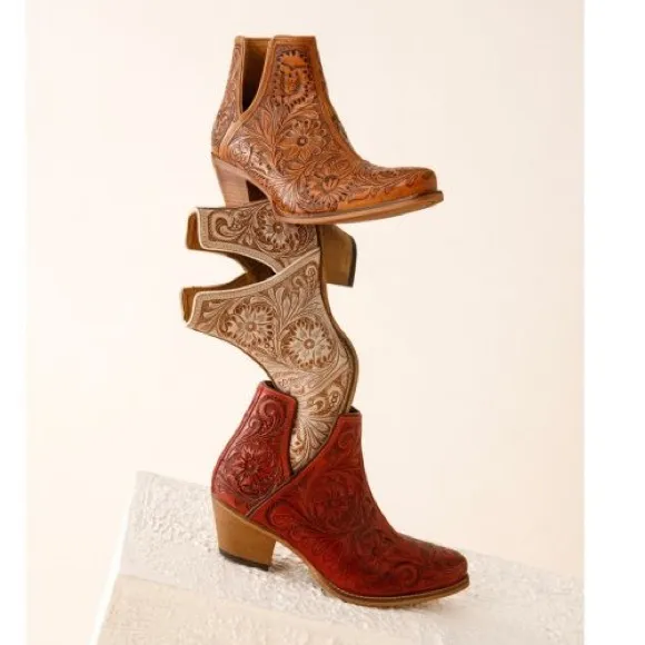 🌶️Scarlet Hand Tooled Genuine Leather Women Bootie Boot Boho Western Shoe Red