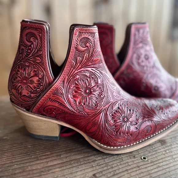 🌶️Scarlet Hand Tooled Genuine Leather Women Bootie Boot Boho Western Shoe Red