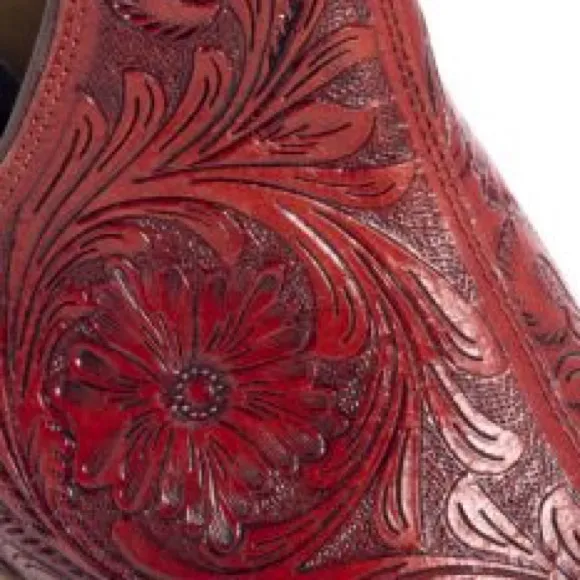 🌶️Scarlet Hand Tooled Genuine Leather Women Bootie Boot Boho Western Shoe Red