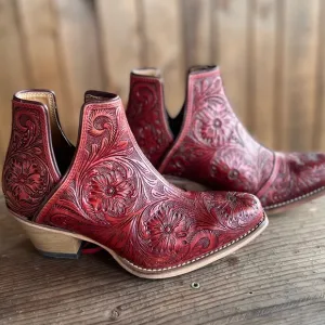 🌶️Scarlet Hand Tooled Genuine Leather Women Bootie Boot Boho Western Shoe Red