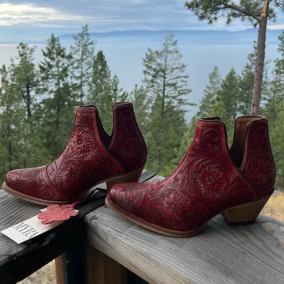 🌶️Scarlet Hand Tooled Genuine Leather Women Bootie Boot Boho Western Shoe Red