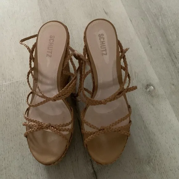 Schutz Flassie strappy platform wedge sandals espadrille woven leather