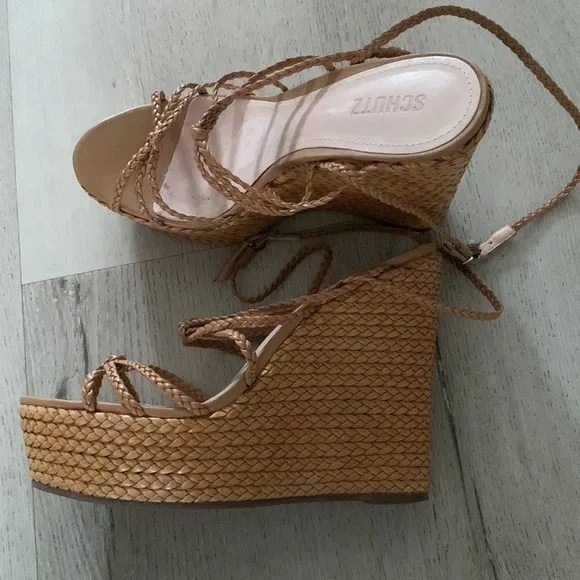 Schutz Flassie strappy platform wedge sandals espadrille woven leather