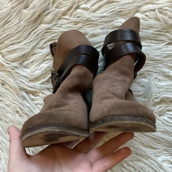 See By Chloé Janis Brown Suede Leather Straps Stacked Heel Ankle Boots Size 37.5