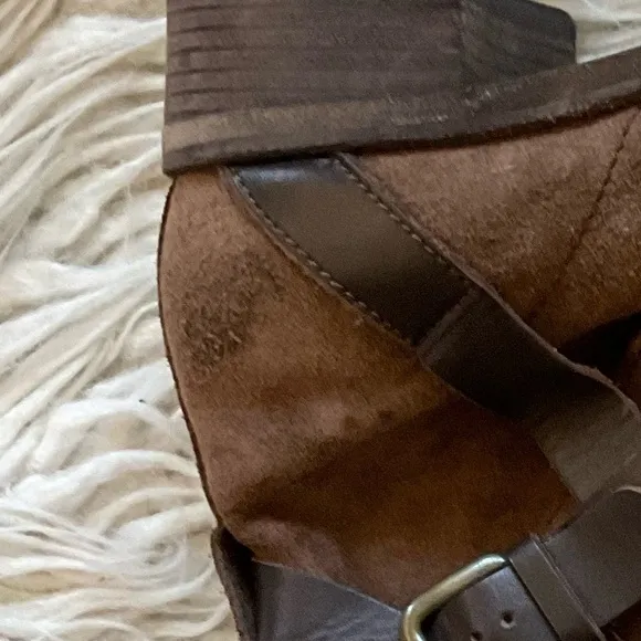See By Chloé Janis Brown Suede Leather Straps Stacked Heel Ankle Boots Size 37.5